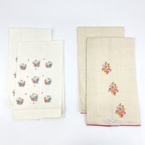 Vintage Linen Napkins Lot of 4 Floral Embroidered Ivory Red Pink